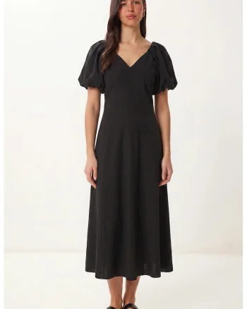 Rochie Midi A-line Femei Happiness Istanbul, Negru, decolteu in V, maneci scurte, crep tesut