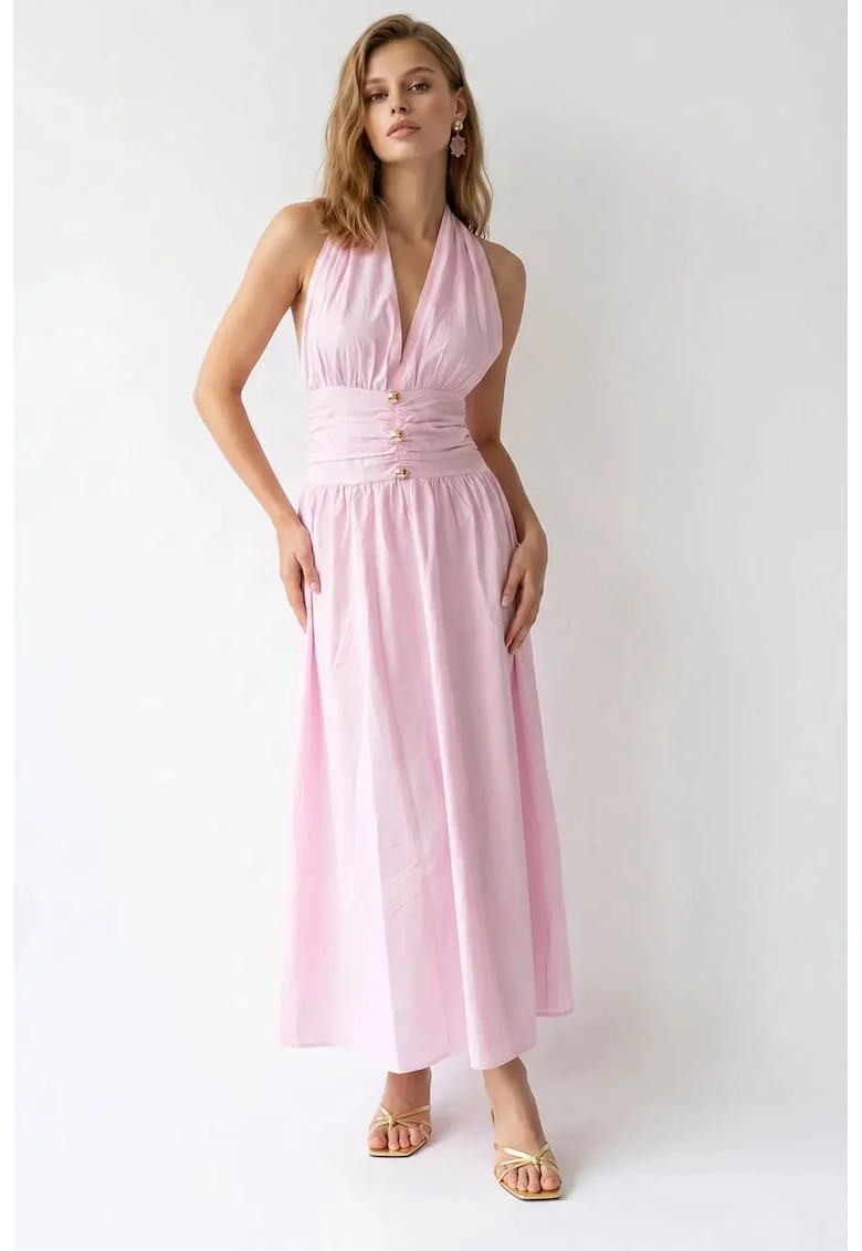 Rochie maxi,  guler halter, drapaj, roz pudrat, bumbac