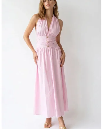 Rochie maxi,  guler halter, drapaj, roz pudrat, bumbac