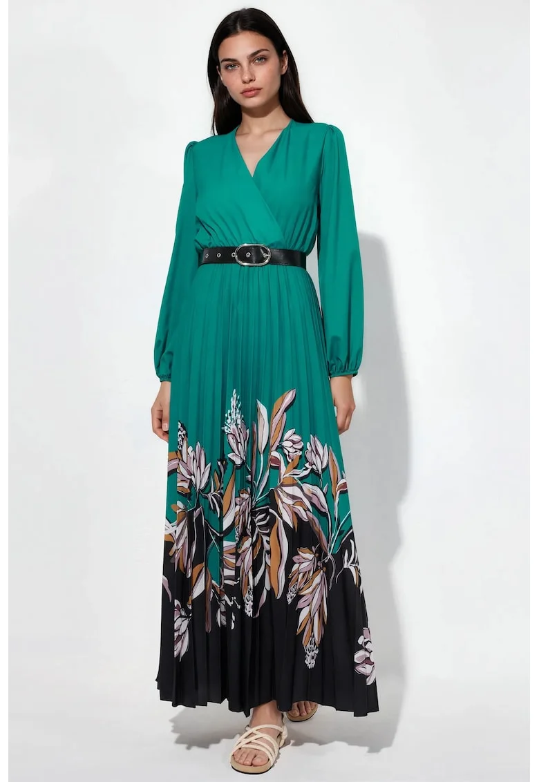 Rochie midi,  floral, multicolor, poliester si lycra, cu cordon