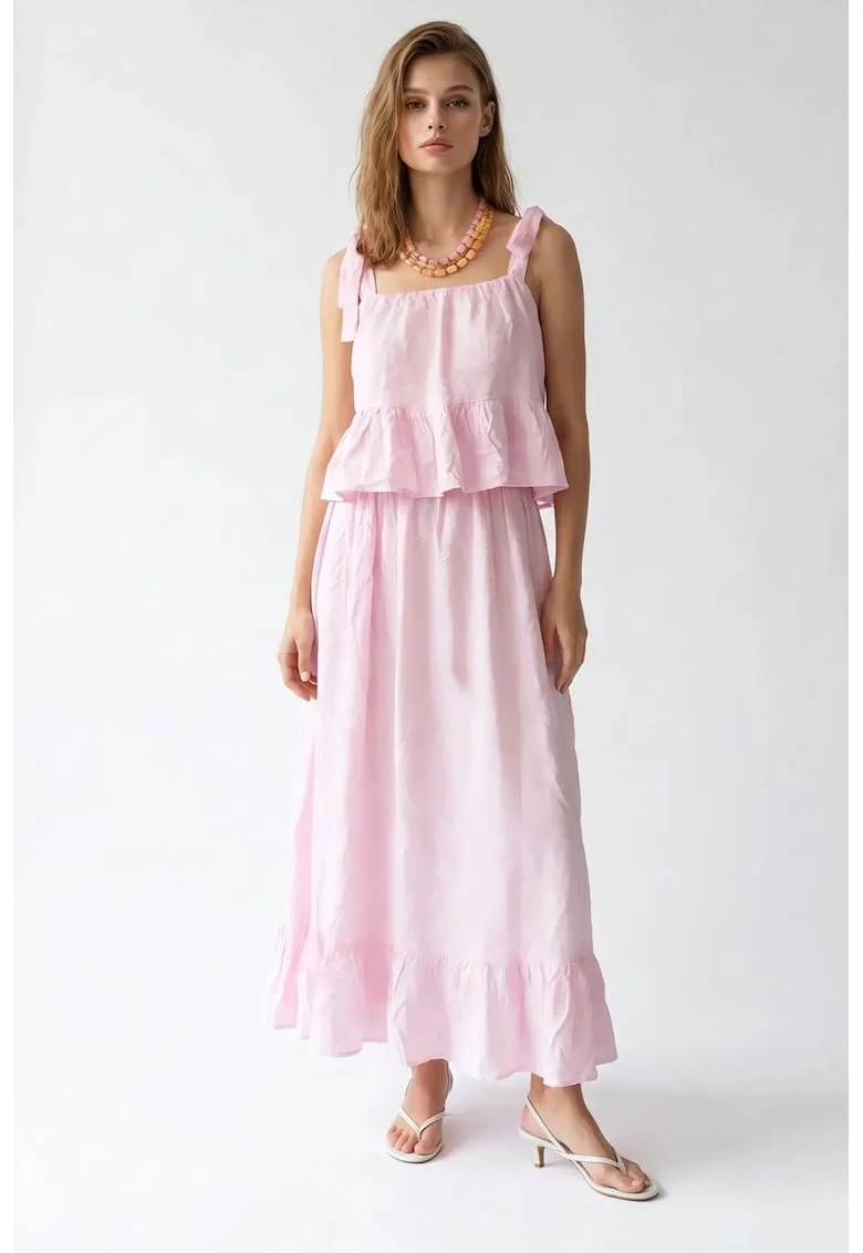 Rochie Midi Fara Maneci  Roz Pudra, Poliester, Detalii Volanase