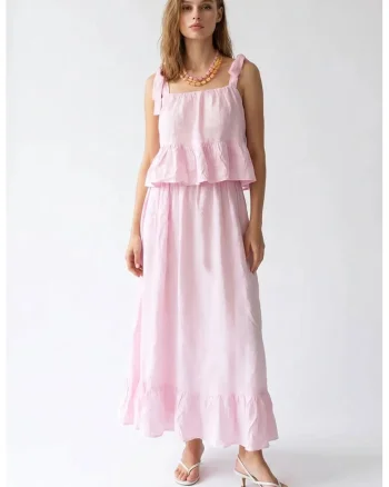 Rochie Midi Fara Maneci  Roz Pudra, Poliester, Detalii Volanase