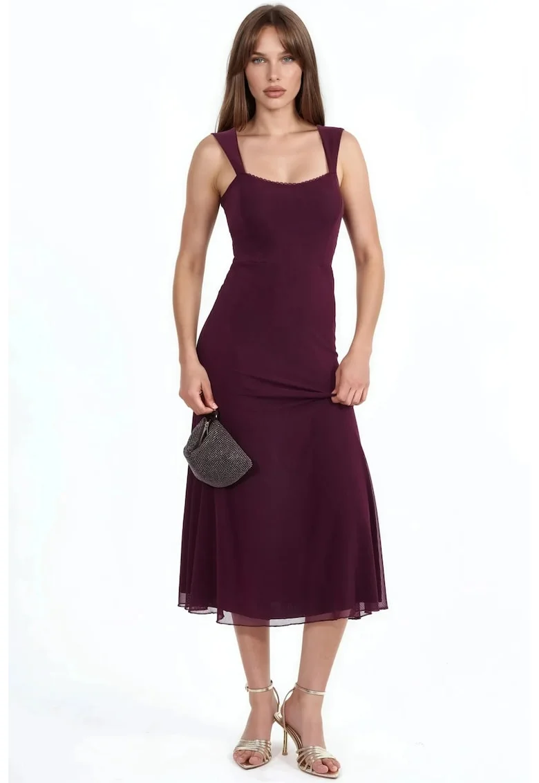 Rochie Midi A-line  guler inima, rosu burgundy, elegant, poliester