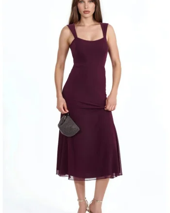Rochie Midi A-line  guler inima, rosu burgundy, elegant, poliester