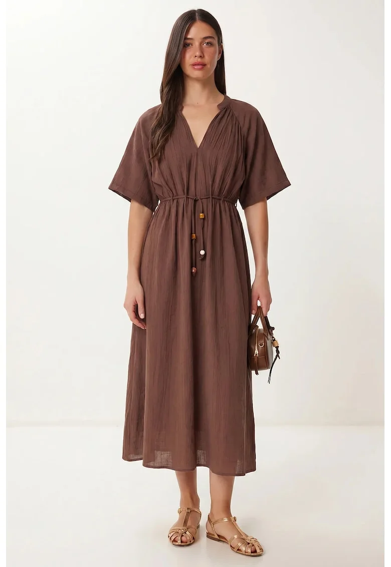 Rochie Midi Happiness Istanbul, casual, maneci scurte, decolteu in V, maro, poliester