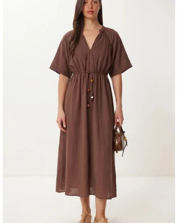 Rochie Midi Happiness Istanbul, casual, maneci scurte, decolteu in V, maro, poliester