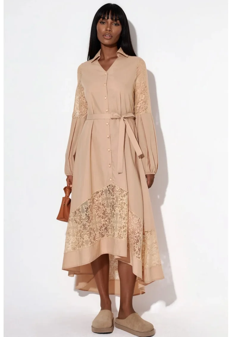 Rochie midi,  brodata, natural, poplin cu elasticitate