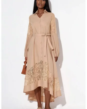 Rochie midi,  brodata, natural, poplin cu elasticitate