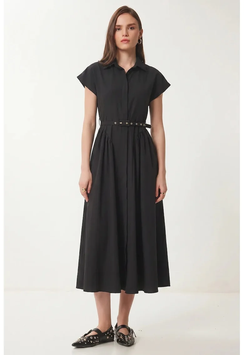 Rochie camasa midi, Happiness Istanbul, negru, cu curea, poplin bumbac-poliester