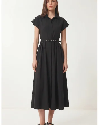 Rochie camasa midi, Happiness Istanbul, negru, cu curea, poplin bumbac-poliester