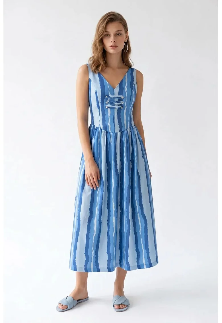 Rochie Midi A-line  cu dungi, detaliu cu snur, multicolor, poliester-elastan