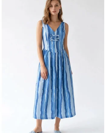 Rochie Midi A-line  cu dungi, detaliu cu snur, multicolor, poliester-elastan