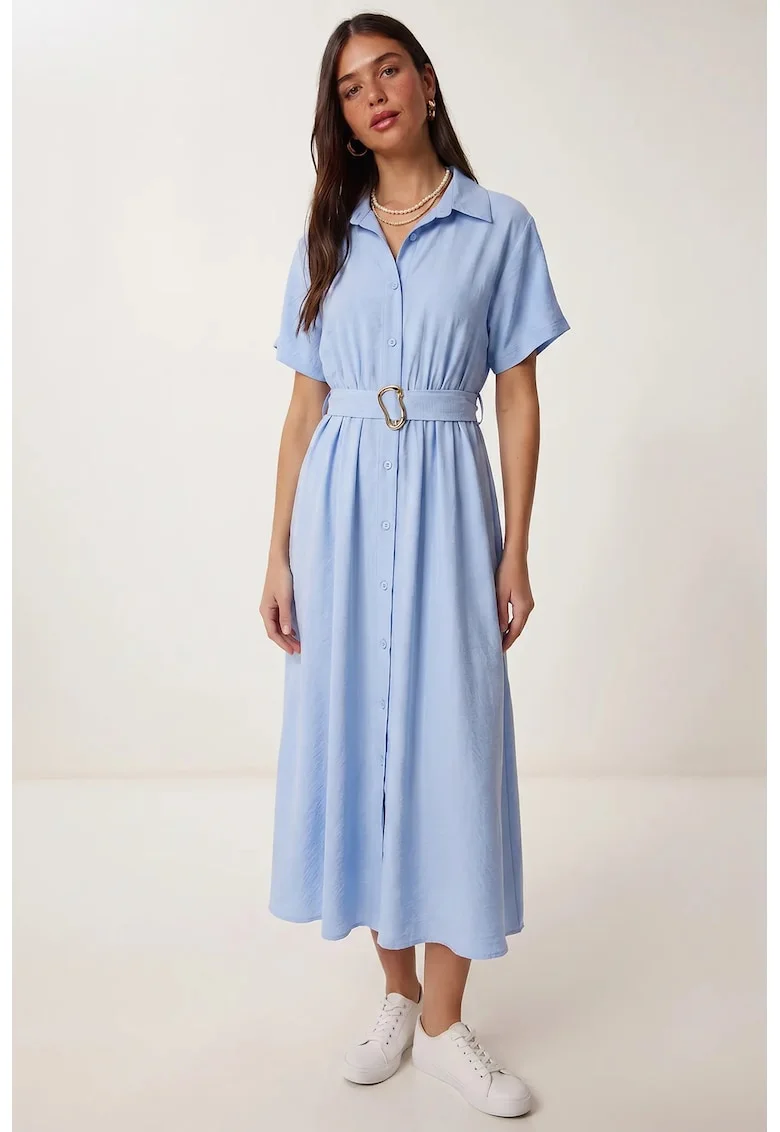 Rochie midi, Happiness Istanbul, camasa din poplin, cu curea, albastru deschis, bumbac-poliester