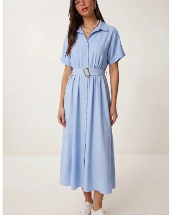 Rochie midi, Happiness Istanbul, camasa din poplin, cu curea, albastru deschis, bumbac-poliester