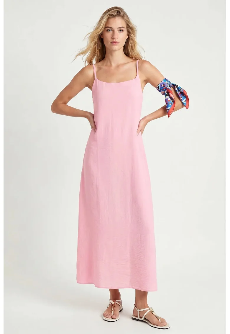 Rochie midi, Happiness Istanbul, A-line, fara maneci, roz pudrat, bumbac