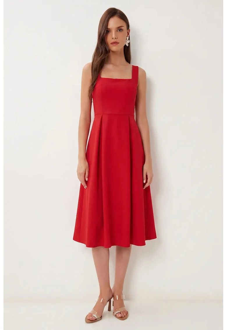 Rochie Midi, Happiness Istanbul, A-line, Guler Patrat, Rosu, Poliester