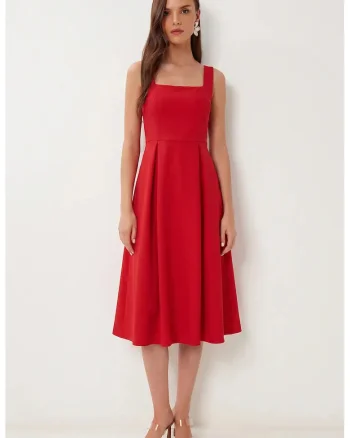 Rochie Midi, Happiness Istanbul, A-line, Guler Patrat, Rosu, Poliester