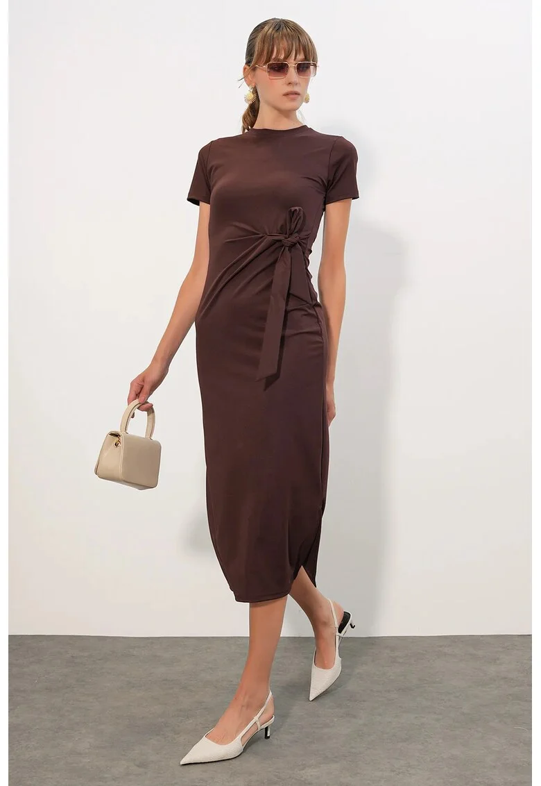 Rochie Midi  mulata, cu detaliu snur, maro, poliester-elastan