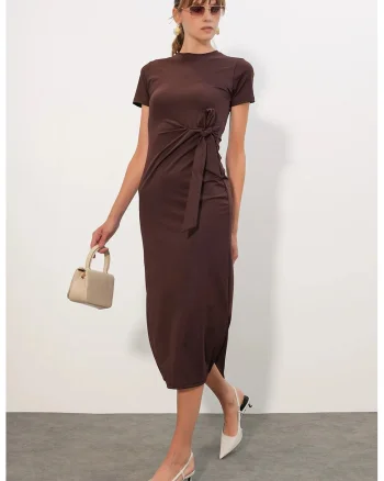Rochie Midi  mulata, cu detaliu snur, maro, poliester-elastan