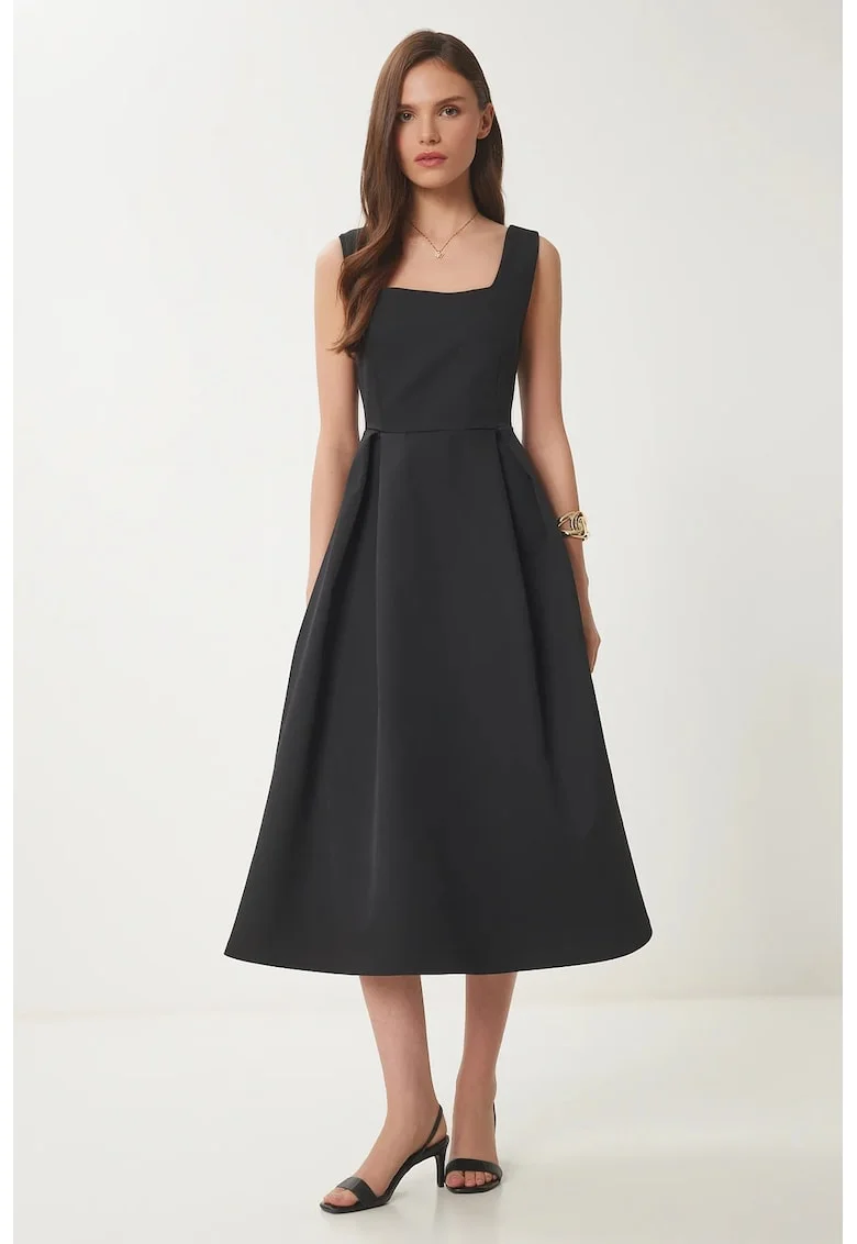 Rochie Midi, Happiness Istanbul, A-line, guler patrat, negru, poliester