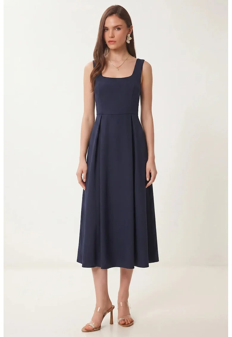 Rochie Midi, Happiness Istanbul, A-line, guler patrat, bleumarin, poliester