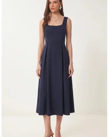 Rochie Midi, Happiness Istanbul, A-line, guler patrat, bleumarin, poliester