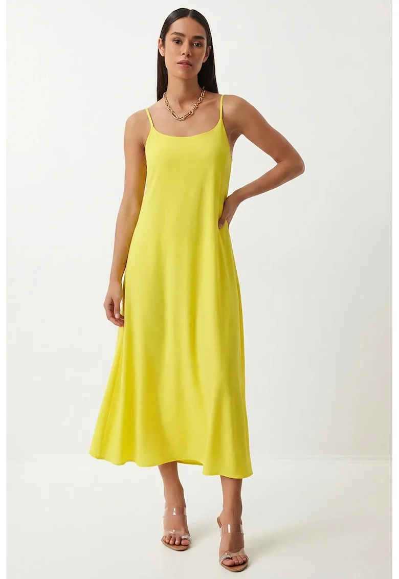 Rochie Midi Happiness Istanbul, A-line, fara maneci, galben lamaie, bumbac