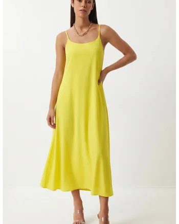 Rochie Midi Happiness Istanbul, A-line, fara maneci, galben lamaie, bumbac