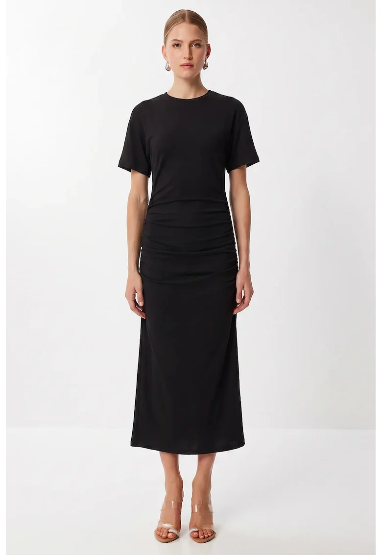 Rochie Midi, Happiness Istanbul, Fitted, Negru, Jerseu cu modal, bumbac si elastan