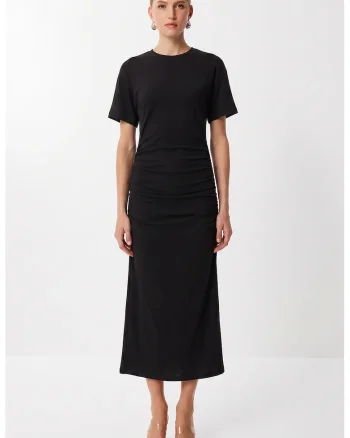 Rochie Midi, Happiness Istanbul, Fitted, Negru, Jerseu cu modal, bumbac si elastan