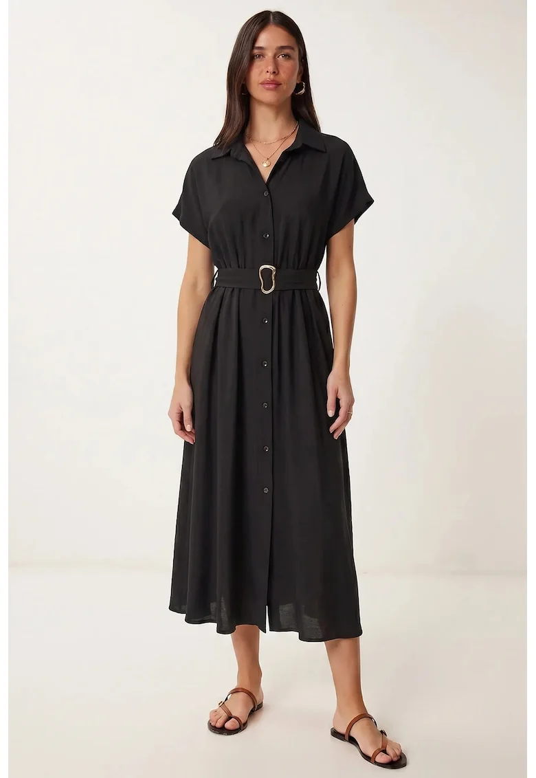 Rochie camasa midi, Happiness Istanbul, negru, bumbac-poliester, cu curea, maneci scurte