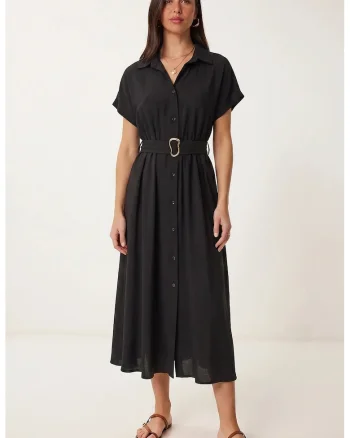 Rochie camasa midi, Happiness Istanbul, negru, bumbac-poliester, cu curea, maneci scurte