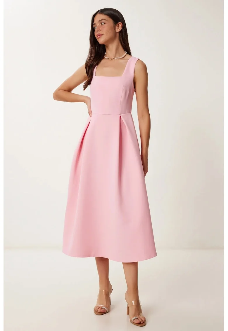 Rochie Midi, Happiness Istanbul, A-line, Guler Patrat, Culoare Roz Pudra, Poliester