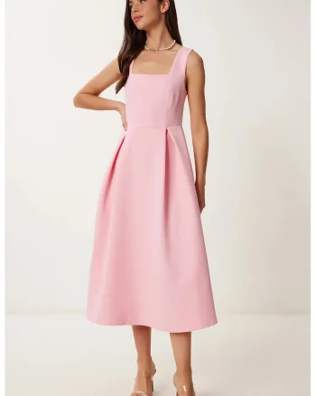 Rochie Midi, Happiness Istanbul, A-line, Guler Patrat, Culoare Roz Pudra, Poliester