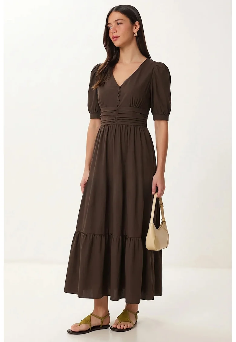 Rochie Maxi, Happiness Istanbul, A-line, decolteu in V, maro, poplin amestec bumbac-poliester