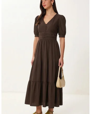 Rochie Maxi, Happiness Istanbul, A-line, decolteu in V, maro, poplin amestec bumbac-poliester