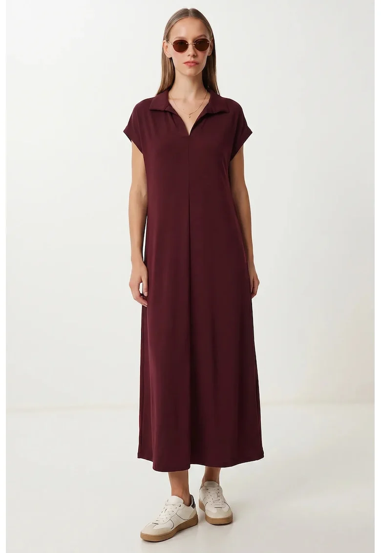Rochie Midi Happiness Istanbul, Guler Polo, Buzunar, Rosu, Bumbac cu Elastan