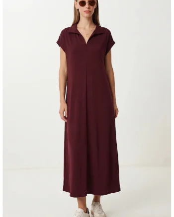Rochie Midi Happiness Istanbul, Guler Polo, Buzunar, Rosu, Bumbac cu Elastan