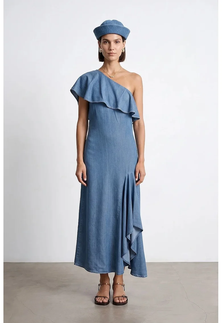 Rochie Maxi,  Asimetrica, Albastru, Tencel