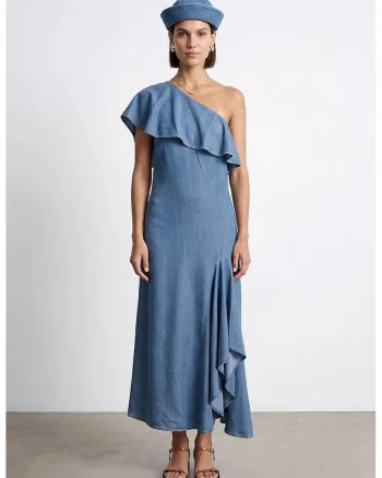 Rochie Maxi,  Asimetrica, Albastru, Tencel