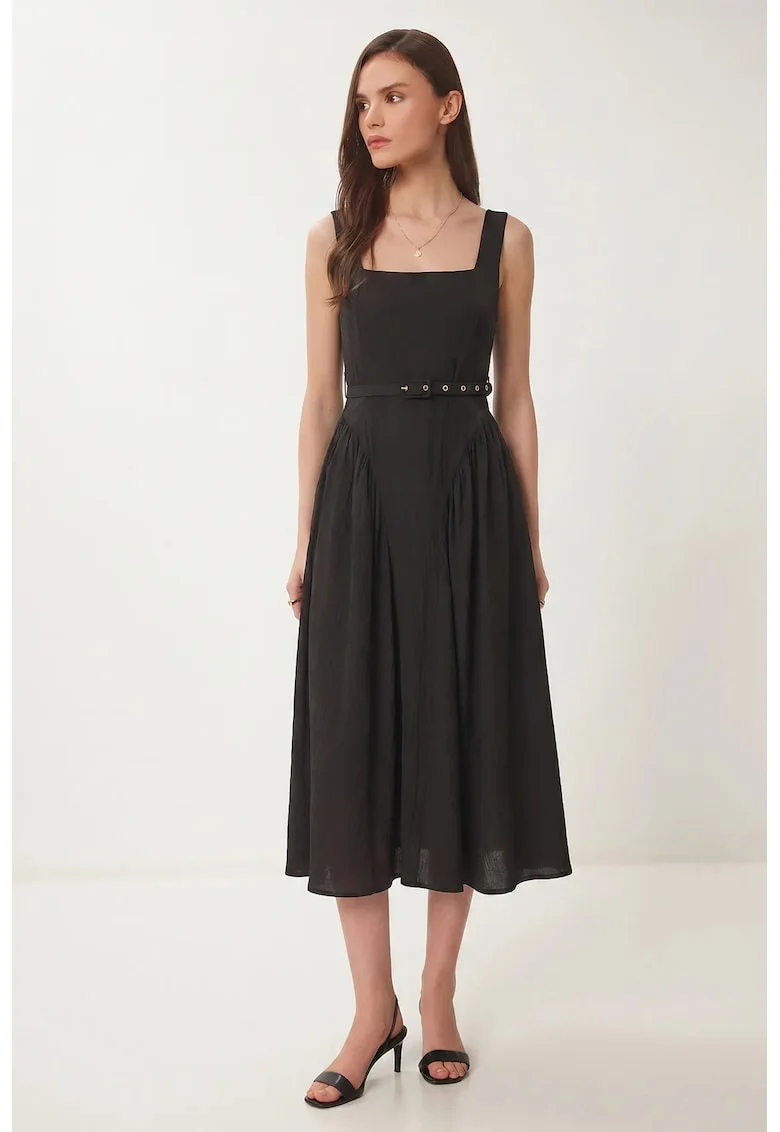Rochie Midi, Happiness Istanbul, Negru, cu decolteu patrat, fara maneci, cu curea