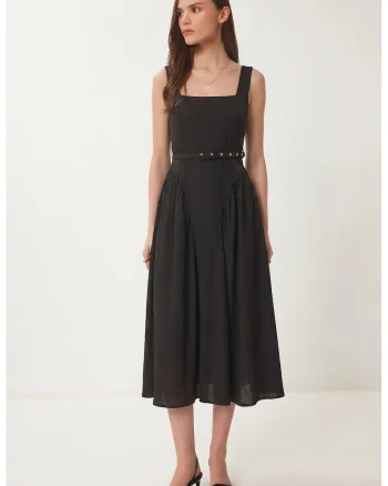 Rochie Midi, Happiness Istanbul, Negru, cu decolteu patrat, fara maneci, cu curea