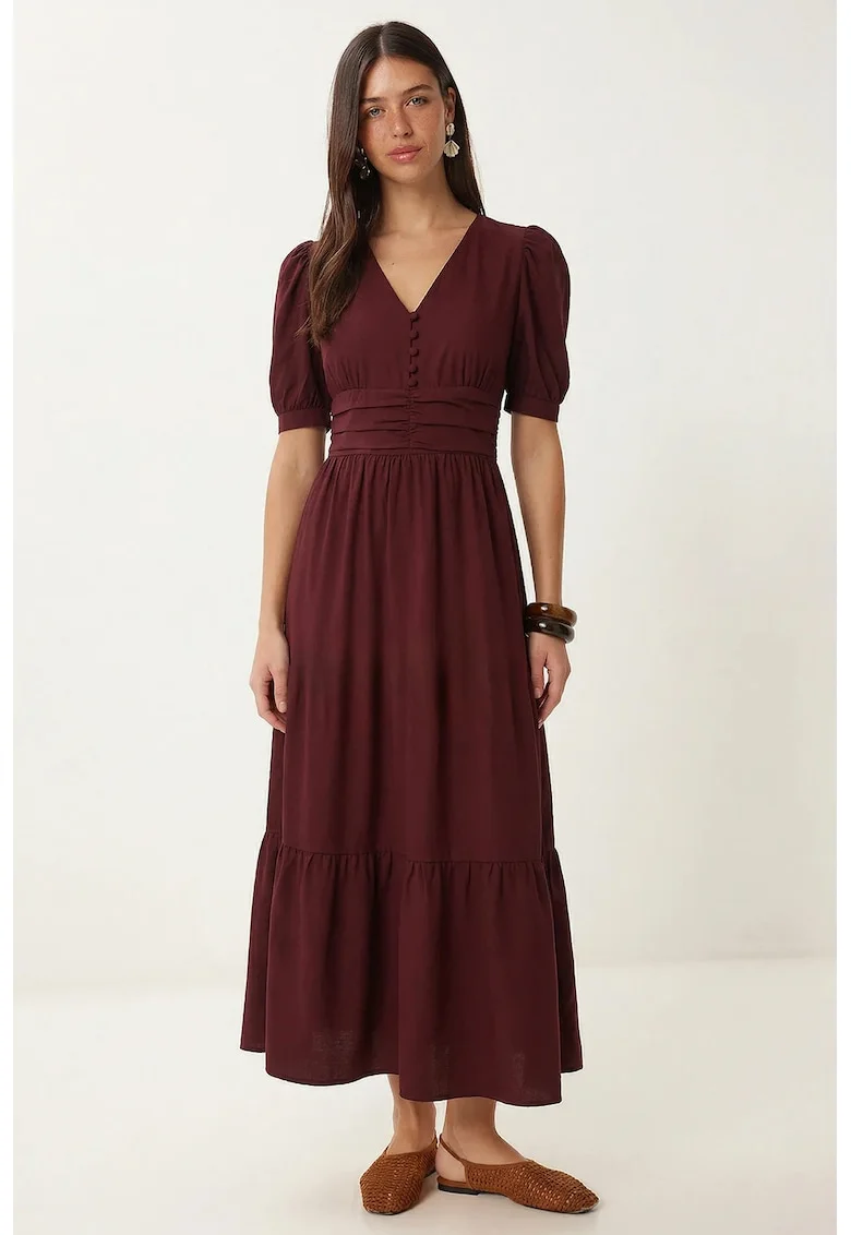 Rochie maxi, Happiness Istanbul, A-line, rosu, poplin amestec bumbac-poliester, maneci scurte, decolteu in V, detalii volanase