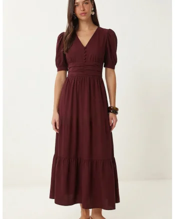 Rochie maxi, Happiness Istanbul, A-line, rosu, poplin amestec bumbac-poliester, maneci scurte, decolteu in V, detalii volanase
