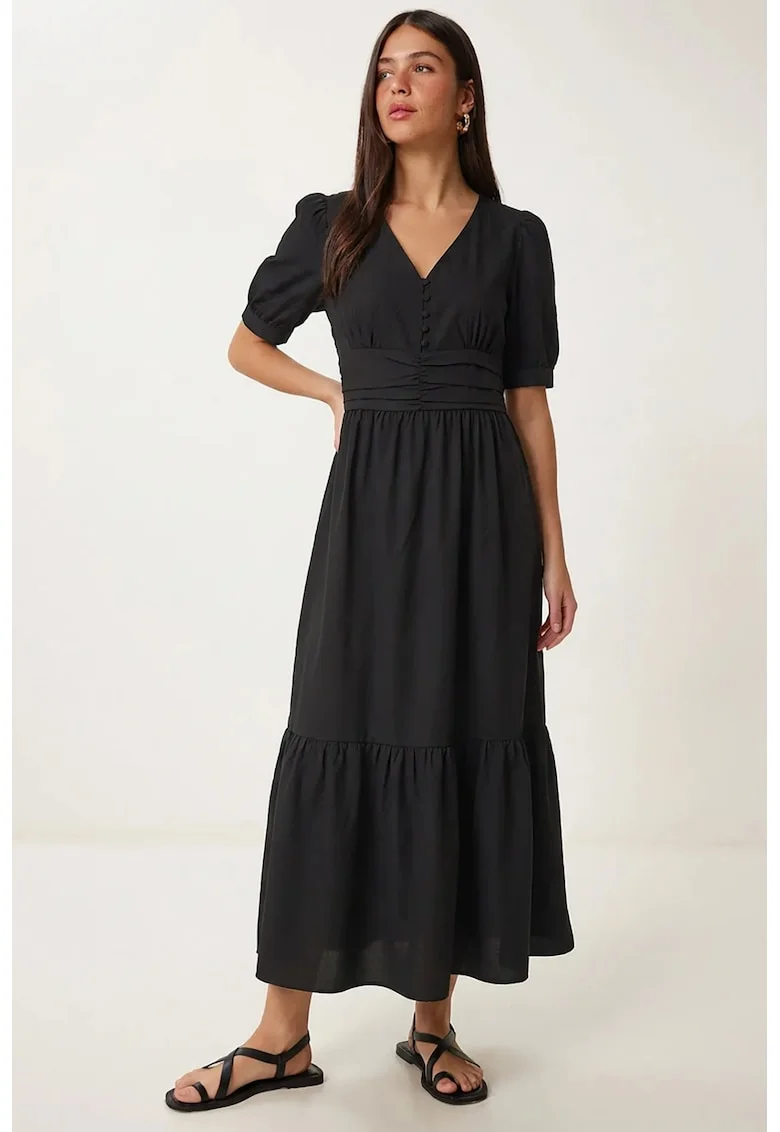 Rochie maxi, Happiness Istanbul, A-line, decolteu in V, negru, poplin bumbac-poliester