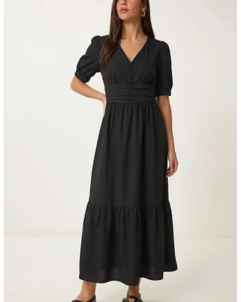 Rochie maxi, Happiness Istanbul, A-line, decolteu in V, negru, poplin bumbac-poliester