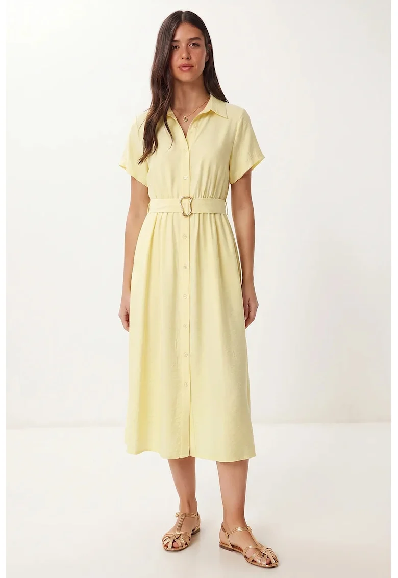 Rochie camasa midi, Happiness Istanbul, galben lamaie, bumbac-poliester, cu cordon