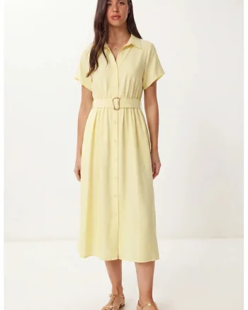 Rochie camasa midi, Happiness Istanbul, galben lamaie, bumbac-poliester, cu cordon