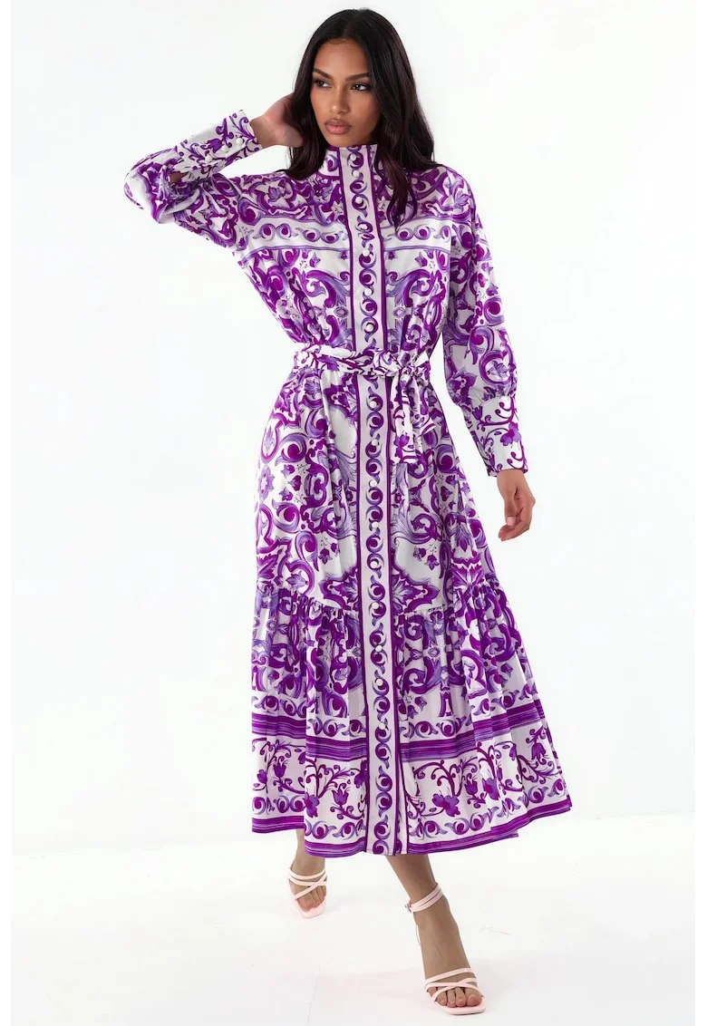Rochie-camasa maxi,  paisley, multicolor, poliester si lycra