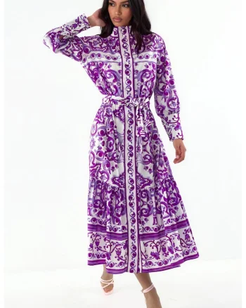 Rochie-camasa maxi,  paisley, multicolor, poliester si lycra